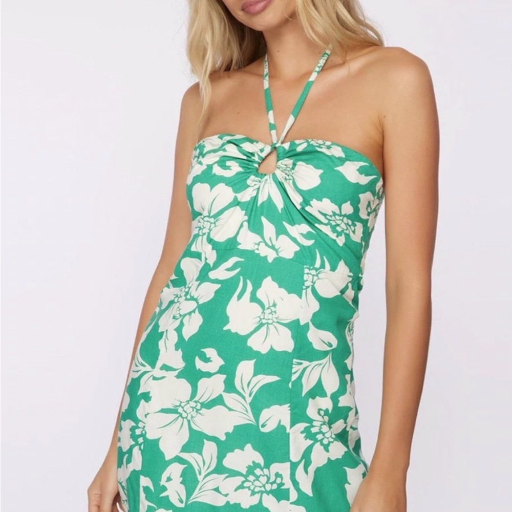 Green and White Floral Halter Mini Dress